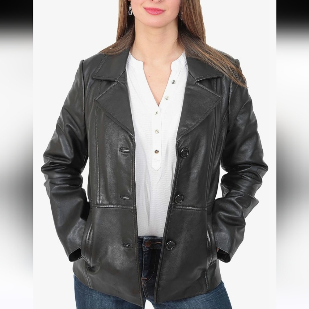 New York & Company100% Leather Blazer Women's Coat  Jacket Black Buttons MEDIUM